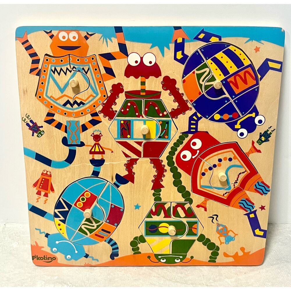 P'kolino Mix & Match 12 Piece Puzzle - Robots wooden peg